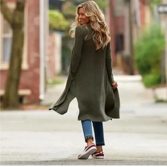 BAREFOOT DREAMS CozyChic Lite Catalina Long Cardigan Olive Green XS Petite - Picture 6 of 6